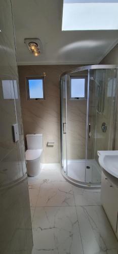 a bathroom with a shower and a toilet and a sink at Kiwi Cove Motel in Taupo