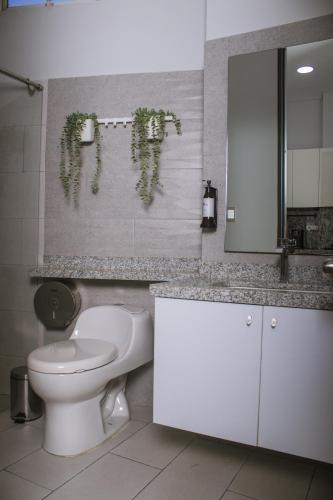 a bathroom with a toilet and a sink and a mirror at Aparta Hotel Loft 1985 Awaliba in Puerto Gaitán