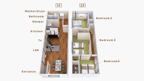 a diagram of a floor plan of a house at Close to Shinjuku! 3BR House for 10, Kids Welcome, High-Speed Wi-Fi in Tokyo