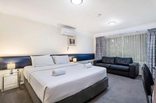 a bedroom with a large bed and a couch at Gallery Motel in Murwillumbah