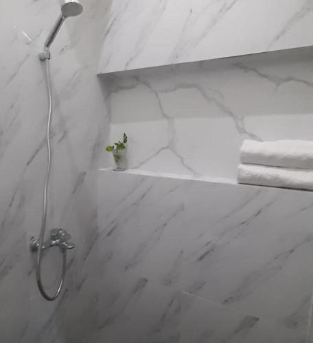 a white bathroom with a shower with towels and a shelf at Omah Pinter in Beran-kidul