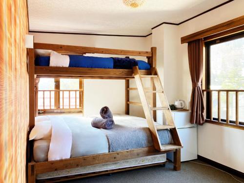 two bunk beds in a room with a ladder at Winterland Lodge & Taproom in Nozawa Onsen