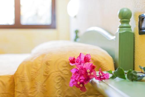 a pink flower sitting on top of a bed at Albergo Residenziale Gli Ontani in Cala Liberotto