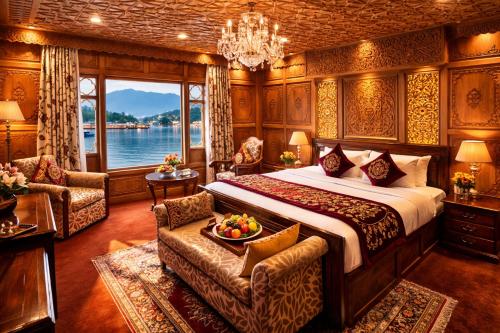 a bedroom with a large bed and a large window at Mascot Houseboats in Srinagar