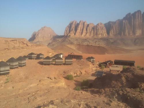 a group of huts in the middle of the desert at Wadi Rum Quiet Village Camp in Wadi Rum