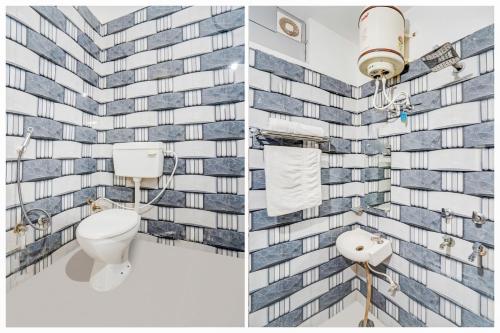 a bathroom with a toilet and a tile wall at OYO Hotel O Ayodhya Dham Bus Terminal Formerly Om Palace in Ayodhya