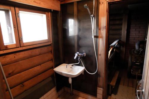 a bathroom with a sink and a shower at Artunpirtti in Keuruu