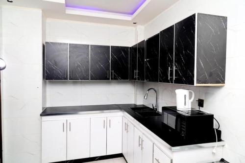 una cucina in bianco e nero con un lavello e un microonde di Classic apparemment a Dakar