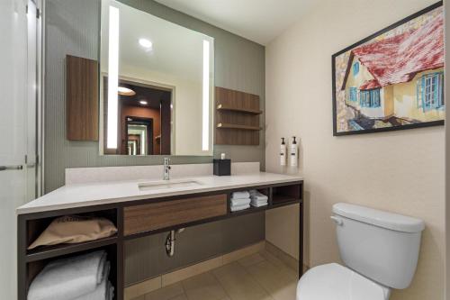 a bathroom with a sink and a toilet and a mirror at Hilton Garden Inn Media in Media