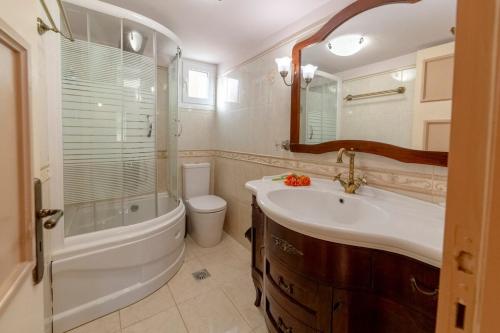a bathroom with a sink and a shower and a toilet at Seafront Apartment with Panoramic Rooftop Terrace in Paramonas
