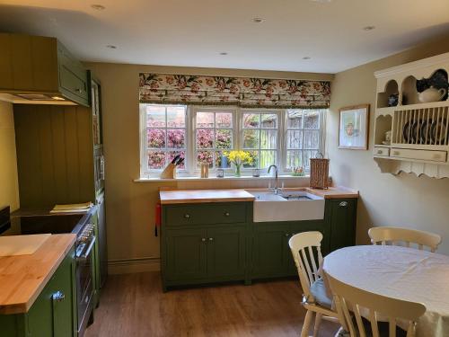 a kitchen with green cabinets and a sink and a window at Freshwater Barn in Benenden