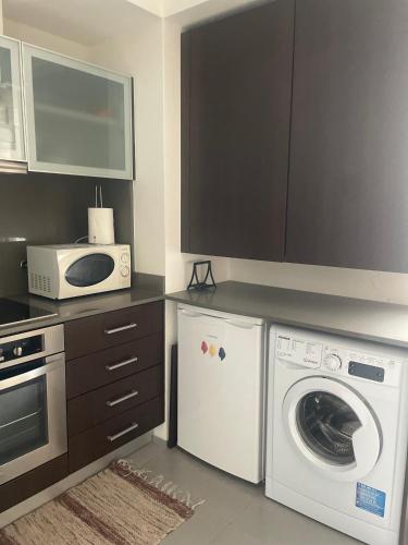 a kitchen with a washing machine and a microwave at Retiro das Andorinhas - Gerês in Geres