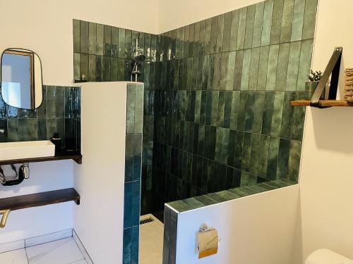 a bathroom with a shower with green tiles at Chambre Au clos des auges in Saint-Saturnin-du-Bois