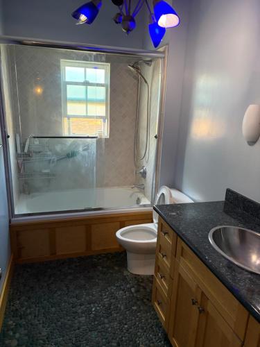 a bathroom with a shower and a toilet and a sink at Private room with Fridge - Mini Mansion in Burbank