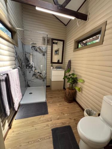 ein Badezimmer mit Dusche und Toilette in der Unterkunft Timmerstuga in Malelane