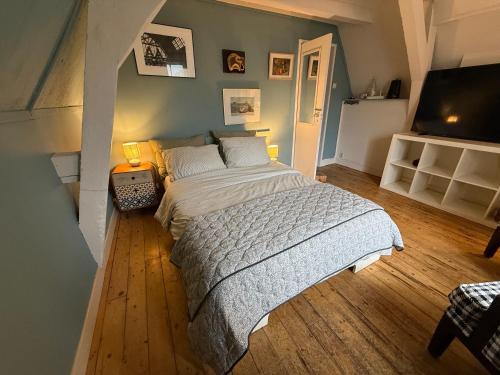 a bedroom with a large bed and a television at B&B 1971 Hazenstraat - Shared Bathroom in Amsterdam
