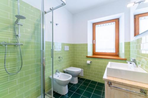 un bagno con WC, lavandino e doccia di Alpedale a Ovaro