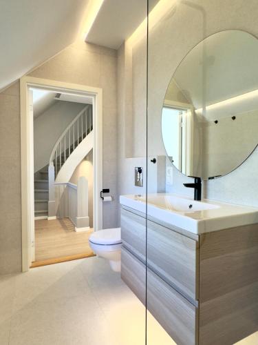a bathroom with a toilet and a sink and a mirror at Odda Gangdal Apartments in Odda