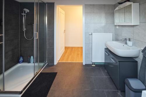 a bathroom with a tub and a sink and a shower at Pelster´s Apartments in Diepholz