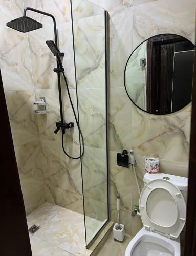 a bathroom with a shower with a toilet and a mirror at TheEliteHavenshortlet in Lekki