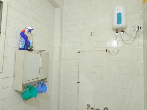 a bathroom with a shower with a mirror at Alice's Cozy Abode in Udupi