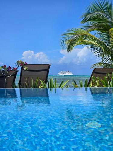 a pool with a view of the ocean and a cruise ship at Secret Spot Lagoon Dream in Moorea