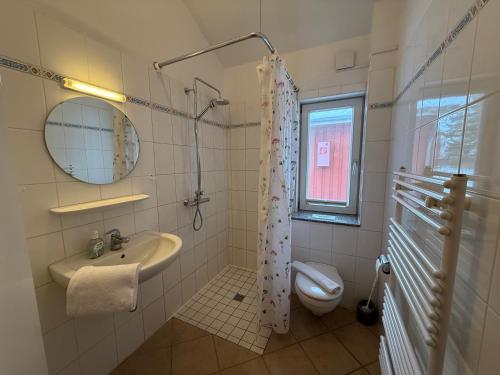 a bathroom with a sink and a toilet and a window at Seeschwalbe in Munkbrarup