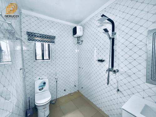 a bathroom with a shower and a toilet in it at Derucci Luxury Apartment in Owerri