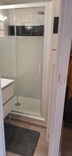 a bathroom with a shower with a glass door at Mimilou Eleuthera 300 m centre naturiste in Cap d'Agde