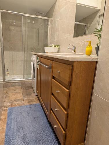 a bathroom with a sink and a washing machine at Beautiful Infante Apartment in Porto