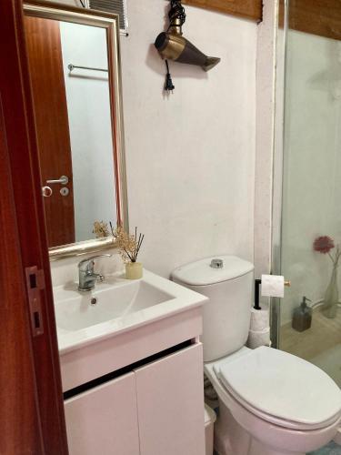 a bathroom with a sink and a toilet and a mirror at Casa da Penalva in Santa Cruz do Lima