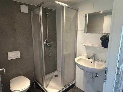 a bathroom with a shower and a toilet and a sink at Camping De Boerinn in Kamerik
