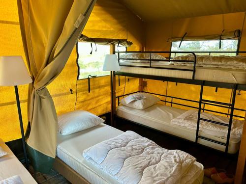 a room with three bunk beds and a lamp at Camping De Boerinn in Kamerik