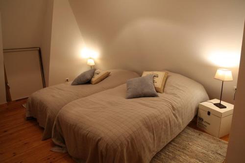 2 camas en un dormitorio con 2 lámparas en L'Etable d'Emile en Marais-Vernier