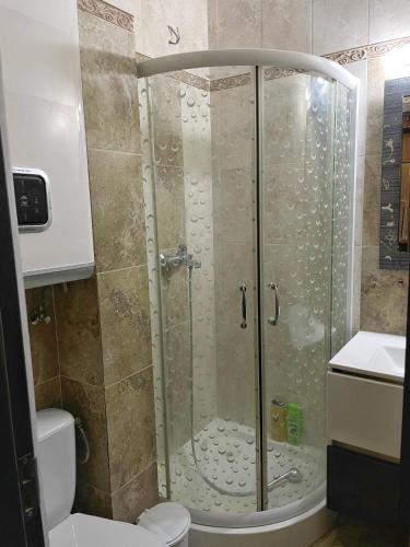 a shower with a glass door in a bathroom at Apartament Piatra Neamț Centru in Piatra Neamţ