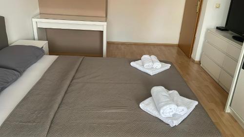 una camera da letto con un letto con asciugamani sul pavimento di BT Lux apartment 2 a Skopje
