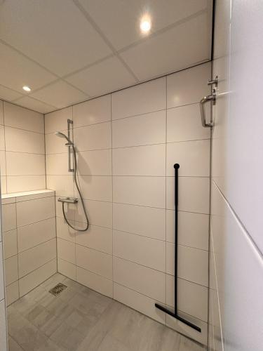 a bathroom with a shower and a glass door at Boomgalows De Roestelberg in Kaatsheuvel