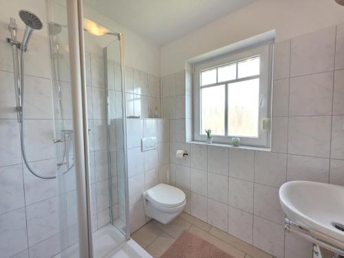 a bathroom with a toilet and a shower and a sink at Ferienwohnung Südwind Norddeich in Norden