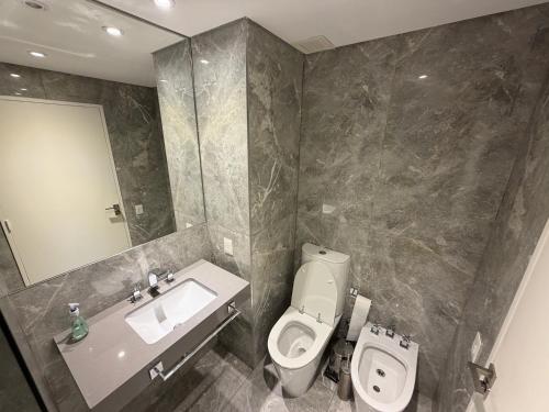 a bathroom with a toilet and a sink and a mirror at Deco Recoleta in Buenos Aires