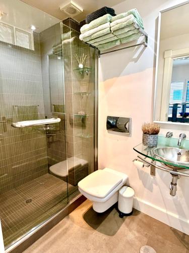 a bathroom with a shower and a toilet and a sink at Famara ocean view house in Famara