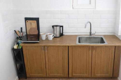 a kitchen counter with a sink and two cups at Quiet & Cozy Apartment near Samobor - Terrace, Parking, Close to Zagreb & Tabor in Samobor