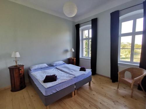 a bedroom with a bed and two windows at Rittergut Endorf in Endorf