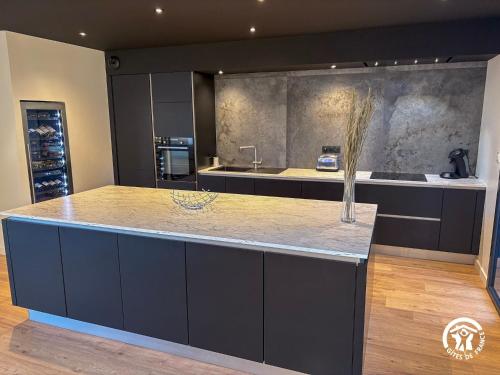 a large kitchen with a large counter with a sink at Villa des Oliviers in Flavin