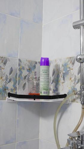 a shelf in a bathroom with a bottle of shampoo at The Initial Residence in Mombasa
