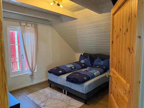 a bedroom with a bed with blue pillows and a window at Apartment in Düdingen in Düdingen