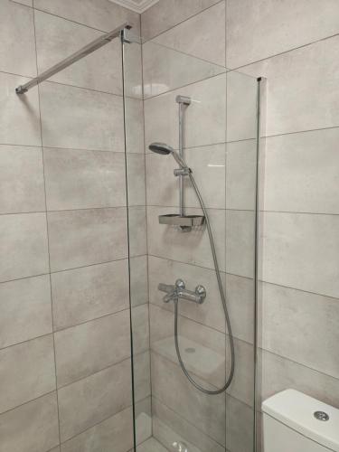 a shower with a glass door in a bathroom at Ines - Golf und Meer Bulgarien in Balchik