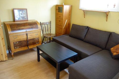 a living room with a couch and a table at Cabin with beautiful view in Kolmården