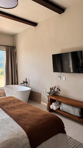 a bedroom with a tub and a tv on the wall at Villa di Trevi Hospedagem em Pedra Azul in Domingos Martins