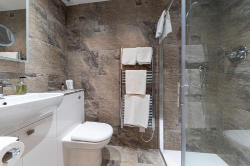 a bathroom with a shower and a toilet and a sink at Bryn Derwen with Private Car Park in Llandudno
