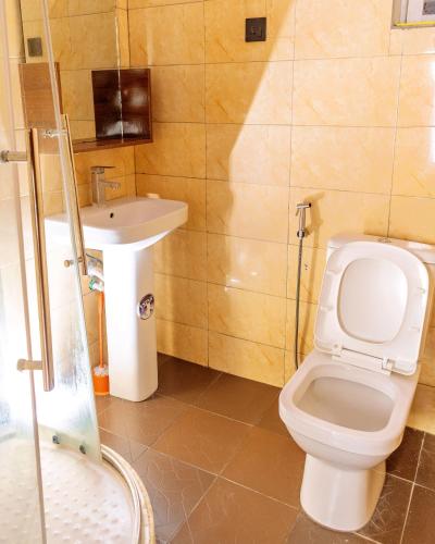 a bathroom with a toilet and a sink at Crystal Bricks Apartments in Port Harcourt